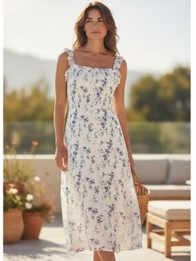 Reformation Floral Smocked Midi Dress XS Cottagecore Blue White Side Slit